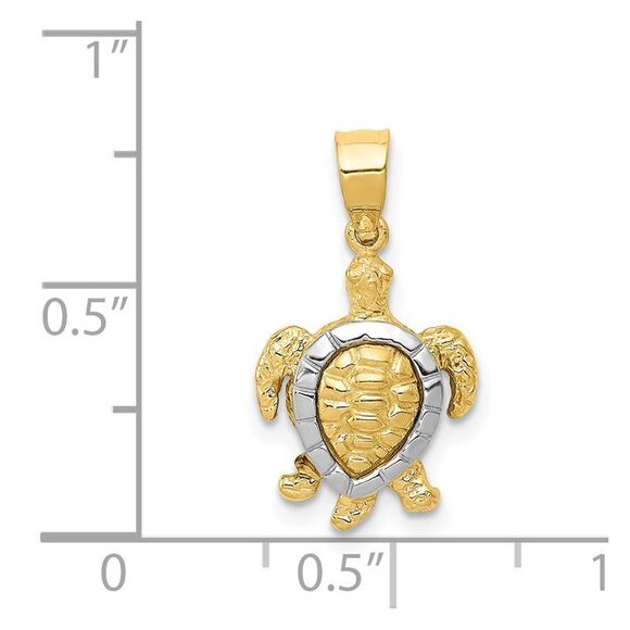 14k Yellow and White Gold, Two Tone Sea Turtle Pendant - Picture 4 of 5
